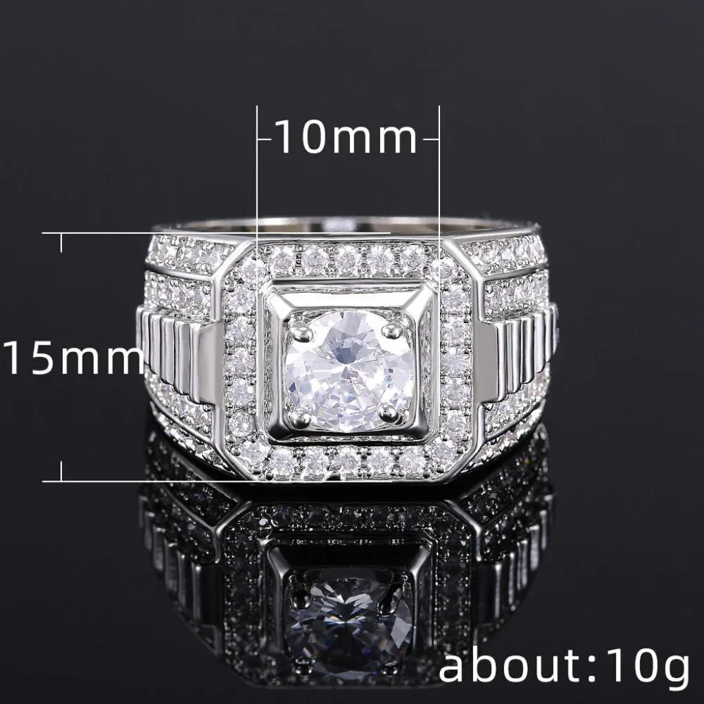 🎀 Fever Square Glitter Zircon Silver Chunky Wedding Rings for Man, PD663
